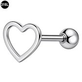 Helix Piercing - met Open Hartje – Zilverkleurige - Tragus Piercing – 1.2 x 6 mm – 316L Chirurgisch Staal - Hart - Oorpiercing voor Kraakbeen