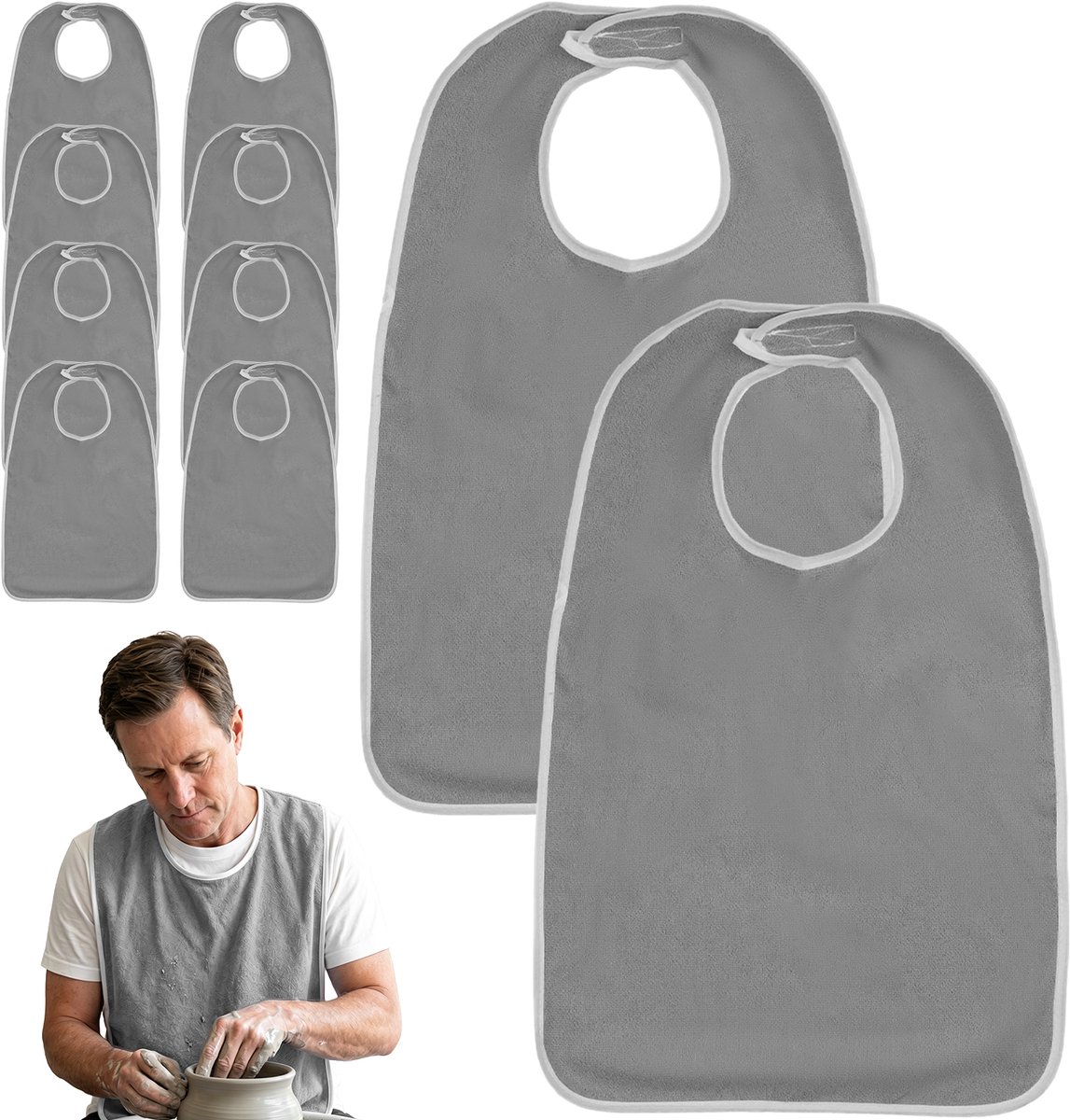 10 Stuks Wasbare Slab - Slabber Waterdicht - Slab Voor Volwassenen & Ouderen - 75x45 cm - Waterdicht Voering - Absorberend - Koken en Dineren - Voor Senioren en Gehandicapten - Grijs