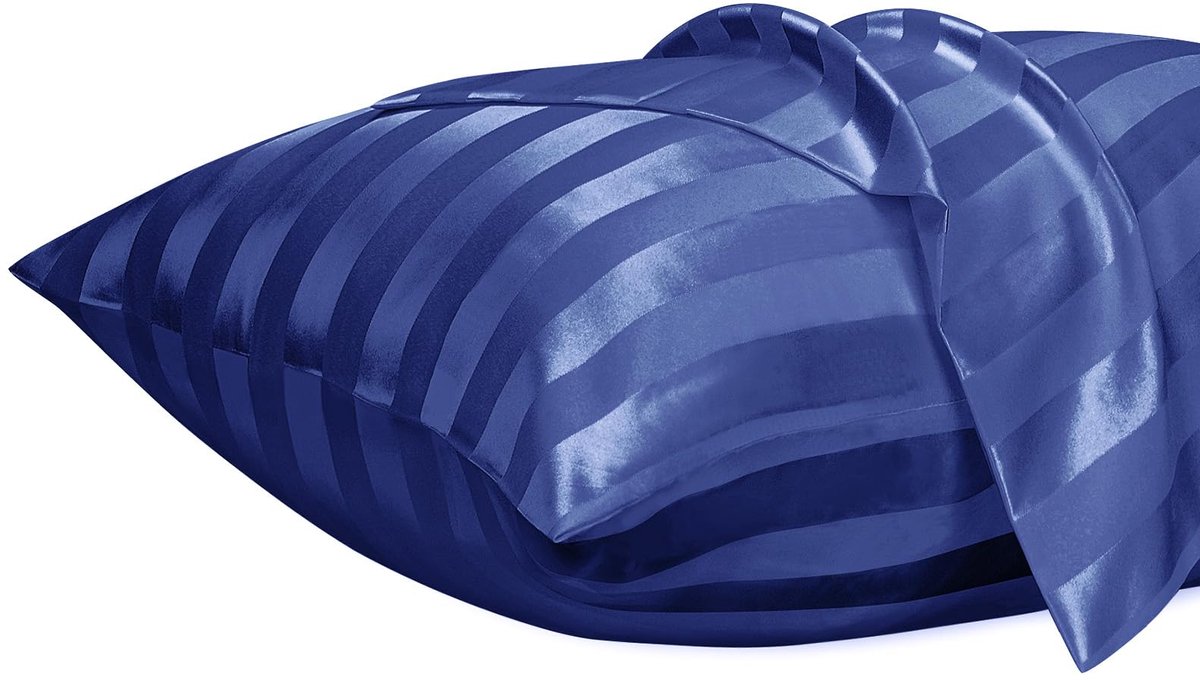 Set van 2 Satin Kussenhoezen 50x75 cm met Rits, Navy Blau Gestreept