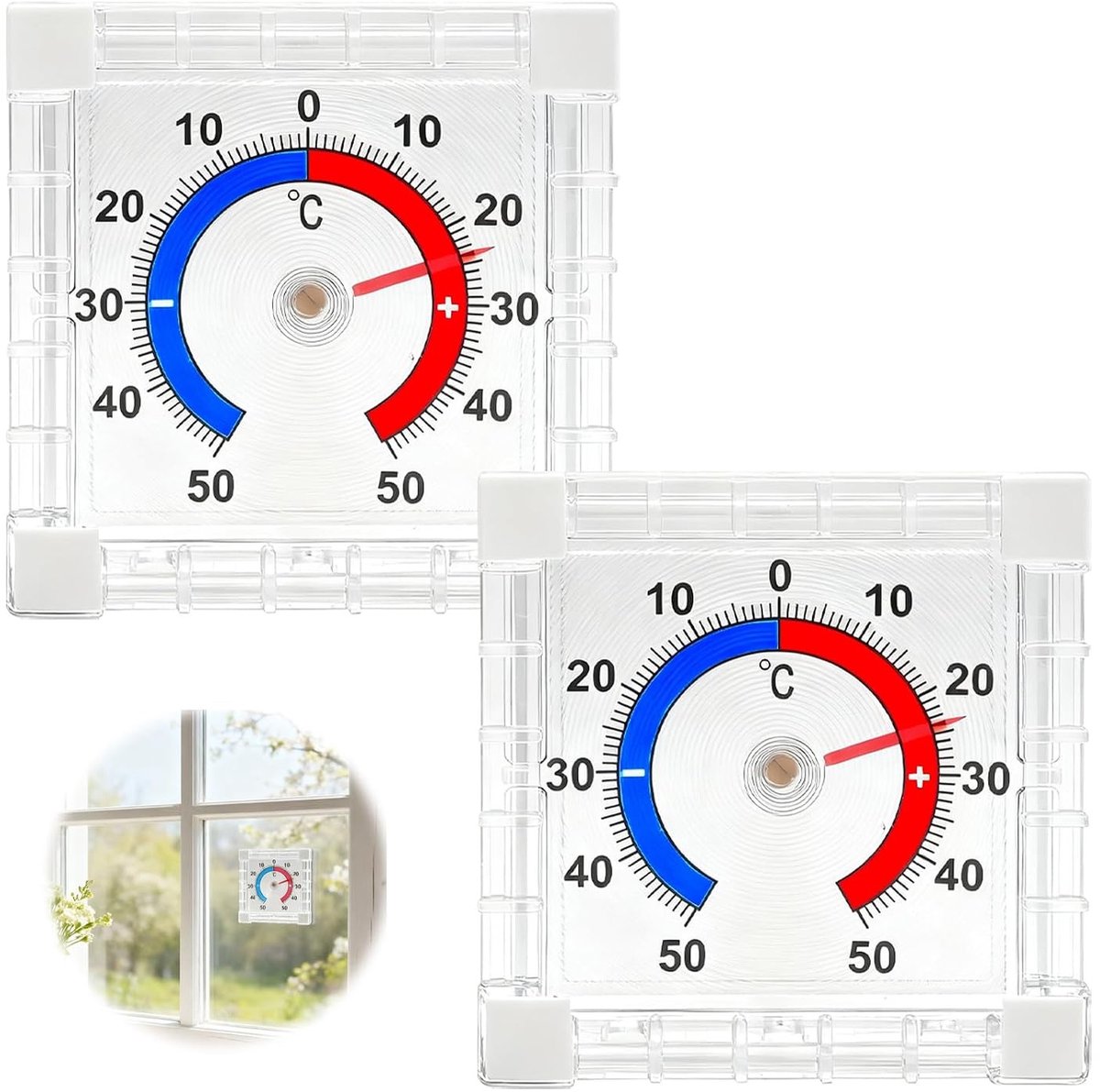 Set van 2 Raamthermometers - Wit - 7,5 x 7,5 cm - Weerbestendig Kunststof - Voor Binnen en Buiten