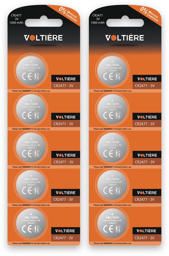Tien verpakkingen Voltière CR2477 3V 1000 mAh lithium knoopcelbatterijen. Oranje verpakking met de tekst 'VOLTIERE' en 'CR2477 - 3V'.