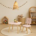 Hanglamp van natuurlijk rotan boven een roze kindertafel en stoel in een lichte kinderkamer