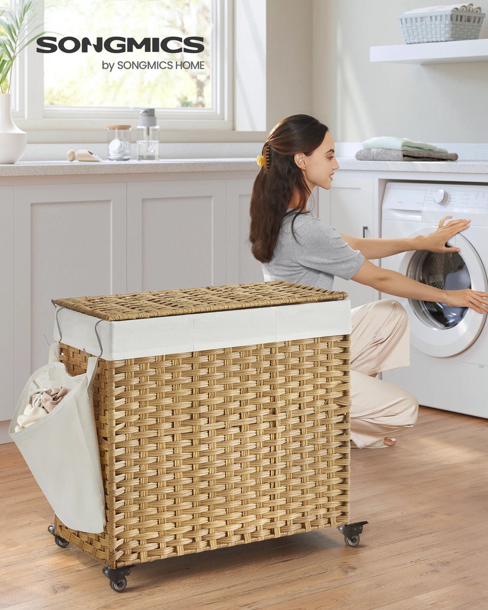 Prime Home Wasmand - Wasmand 3 vakken - Wasmand met deksel - Waszakken - Waszakken voor wasgoed - 140 L - 66 x 33 x 66cm - 30 kg Belastbaarheid