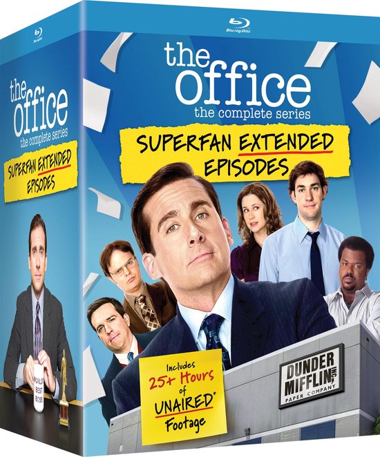 La boîte The Office : The Complete Series, Superfan Extended Episodes. Michael Scott, Dwight Schrute et Jim Halpert sont au premier plan.