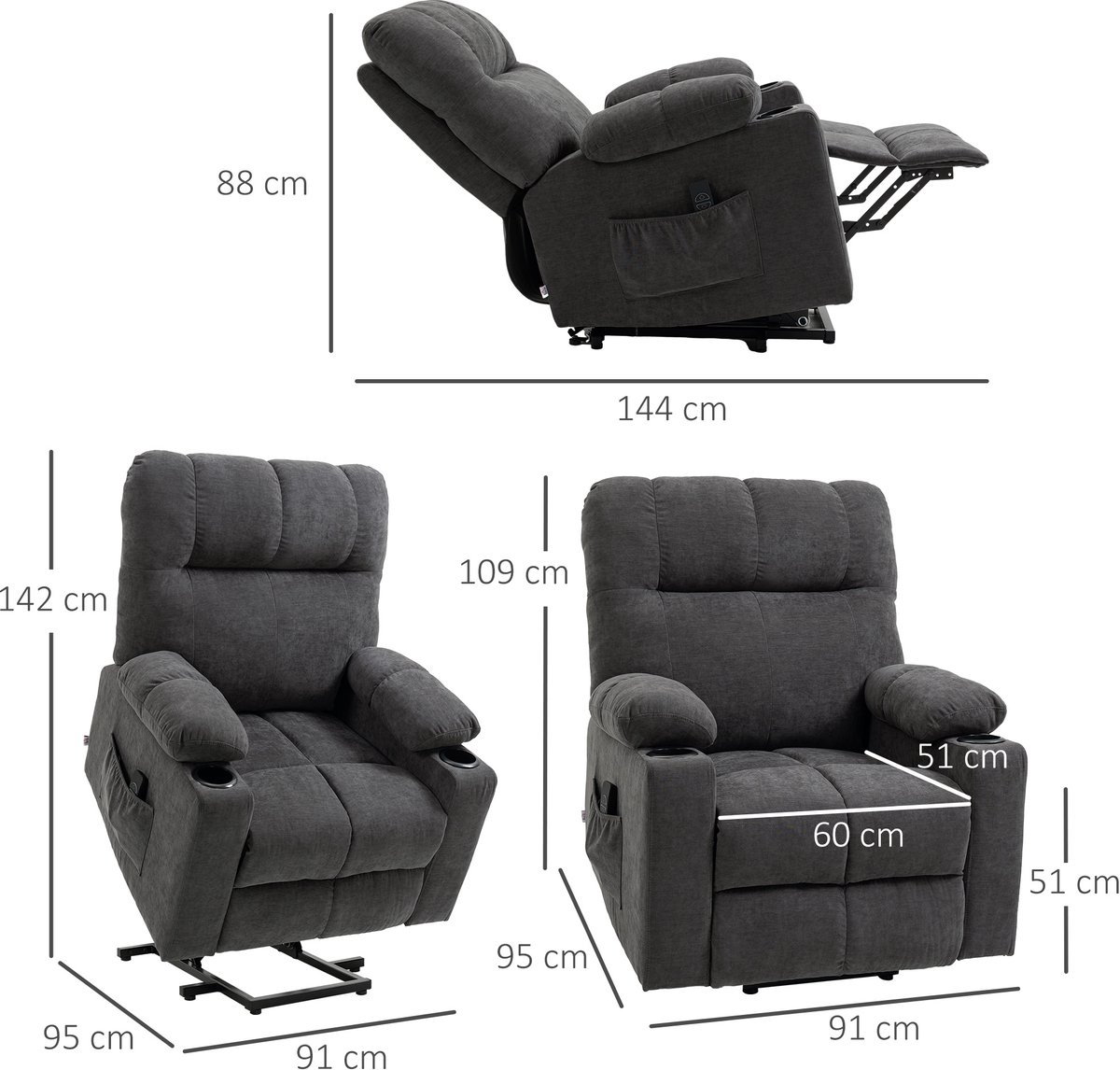HOMCOM Sta-op fauteuil met massage- en warmtefunctie - Relaxfauteuil, opstahulp stoel - Donkergrijs – foto 4