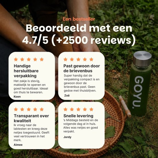 GOYU-fles met groene drank, omringd door manden met klantbeoordelingen voor een bestsellerproduct.