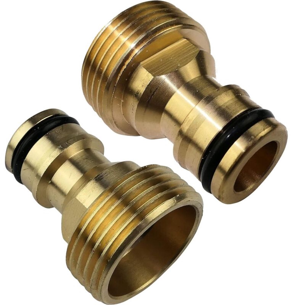 Twee 3/4 inch mannelijke adapters, snelkoppelingen geschikt voor kranen, mannelijke schroefdraad, kraanaansluitingen, tuin-/sanitair-/irrigatieaccessoires/gereedschap, messingkleurig.