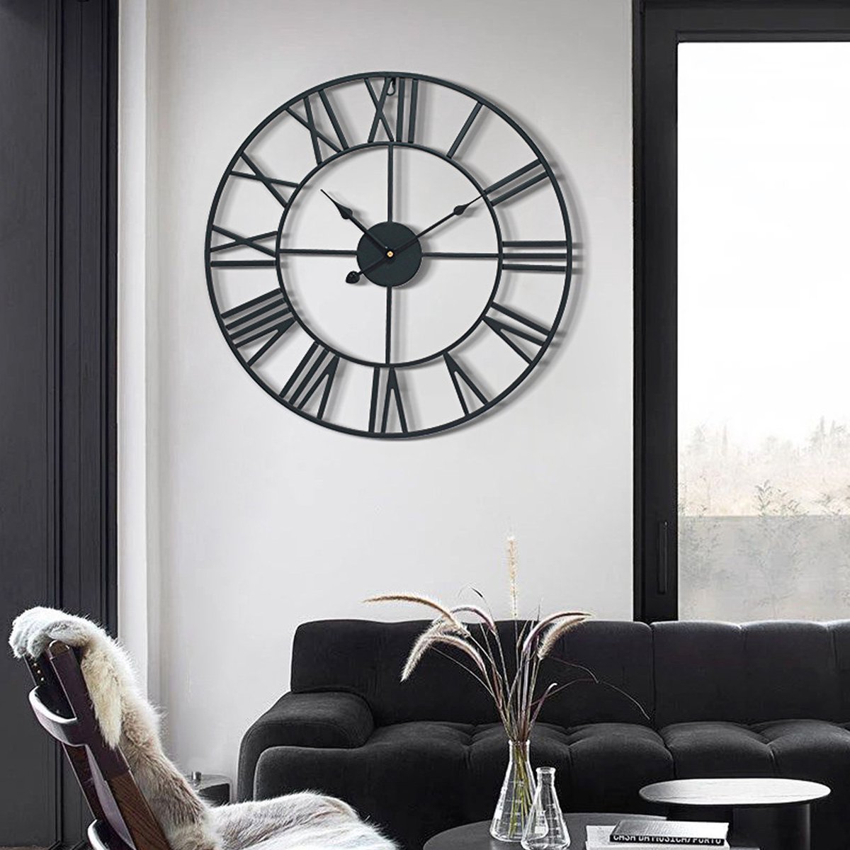 OKWISH Wandklok Grote Stille Retro - Met Romeinse Cijfers 50 Cm - Voor Woonkamer Keuken En Slaapkamer - Metaal - Zwart