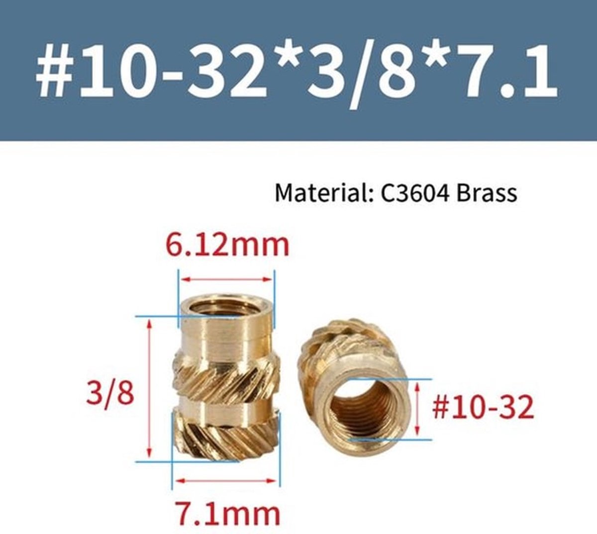 Schroefdraadinzet 50 stuks - Messing verwarmingsinzetstuk - Amerikaanse kartelmoeren - Inpersmoeren - 3/8 x 7,1 mm - Geschikt voor kunststof onderdelen - Inzetmoeren