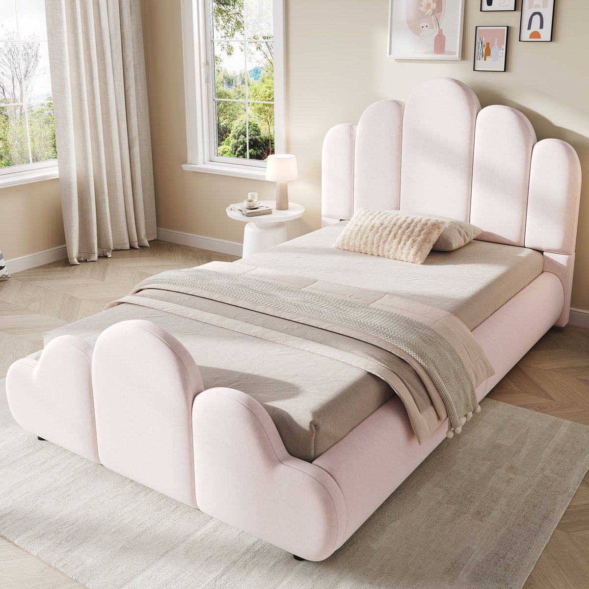 Gestoffeerd Bed 90x200cm Zonder Matras - Kinderbed Met Gekromd Hoofdeinde En Lattenbodem - Afgeronde Hoeken - Fluweel - Roze