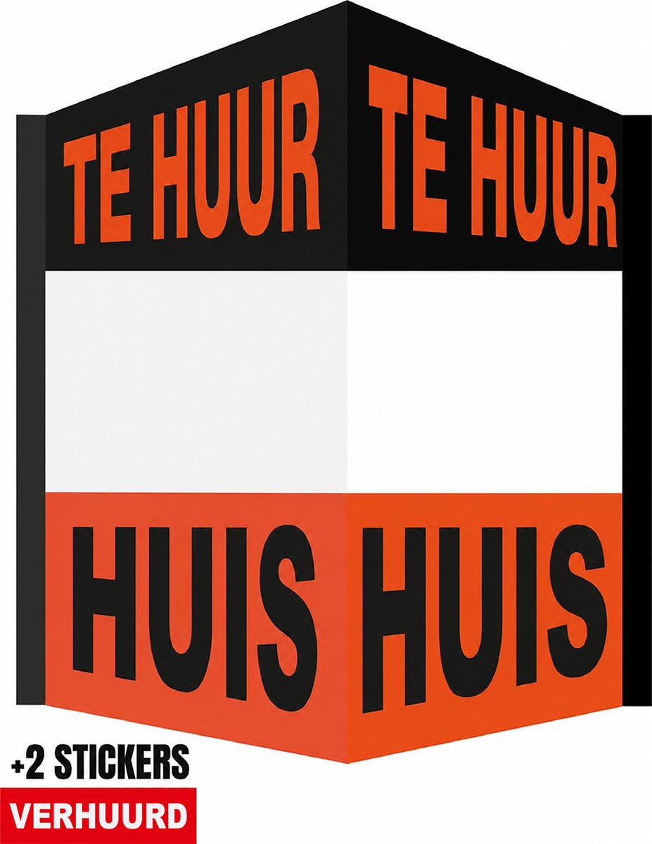 Raambord/ Immobord/ Vouwbord "Huis te Huur" | 100 x 70 cm | + 2 stickers "Verhuurd" | Raambord | V-bord | Inclusief sterke dubbelzijdige tape | Oranje | Zwart | 1 stuk