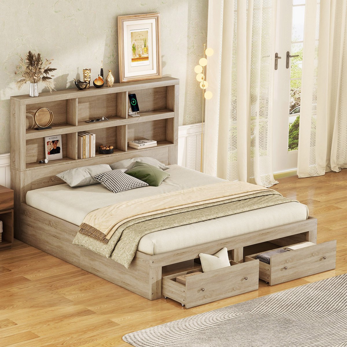 Platformbed 160x200 cm - Met Opbergruimte - Met Lades - Met USB-Oplaadpunt - Natuurlijk