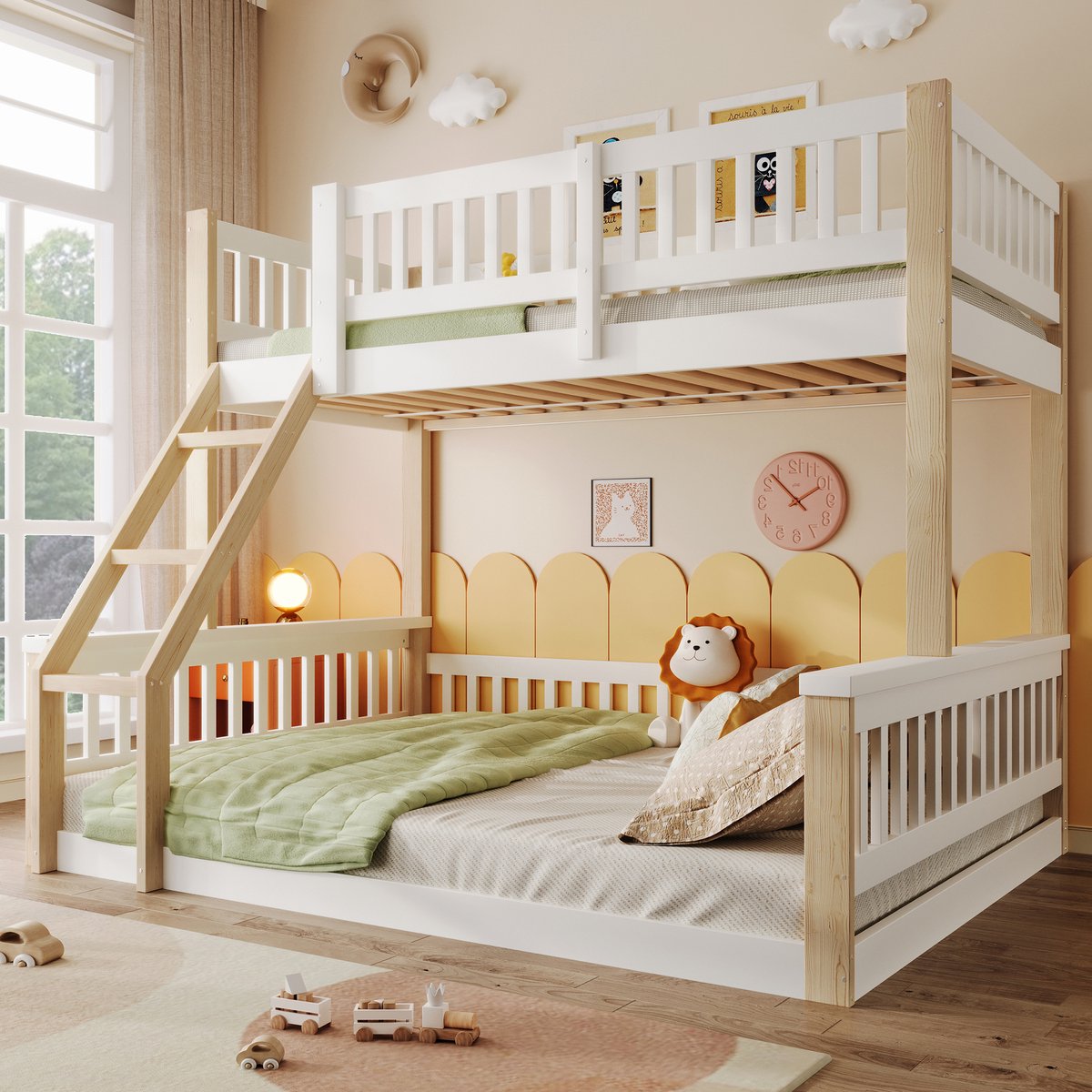 Stapelbed 90x200 cm - Met Ladder - Met Valbeveiliging - Wit + Natuurlijk