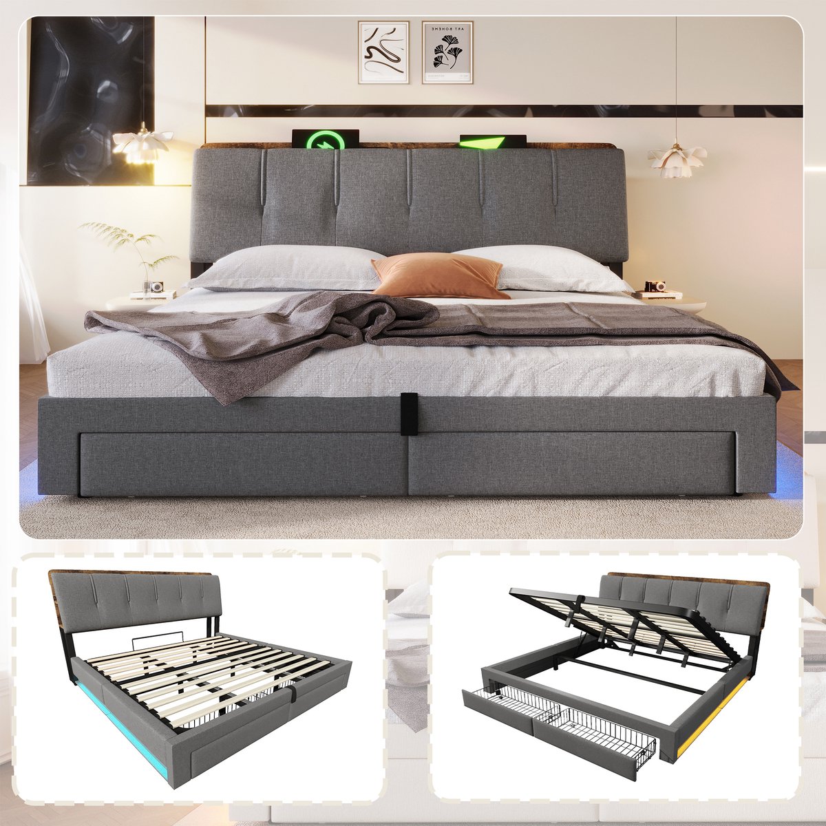 Gestoffeerd Bed 180x200 cm - Met LED-Verlichting - Met Opbergruimte - Met Lades - Grijs