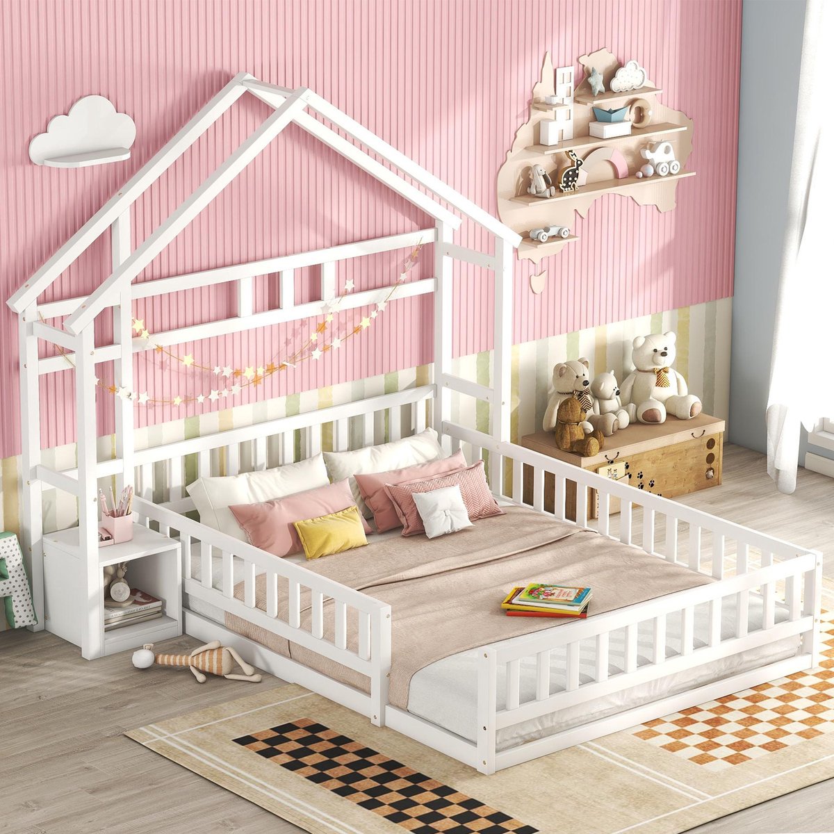 Bed 140x200 cm - Met USB-Oplaadpunt - Huisvorm - Met Glijbaan - Wit