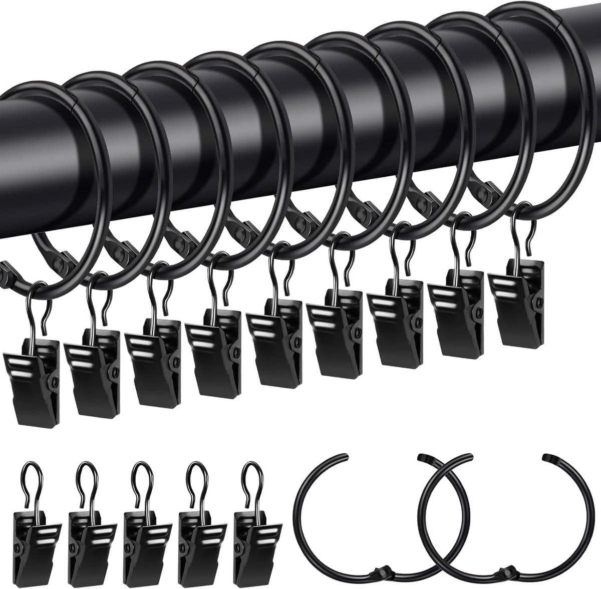 20 stuks gordijnringen met clips, metalen gordijnringen om te openen, 38 mm binnendiameter, gordijnringen, haken voor stang, douchegordijn (zwart)
