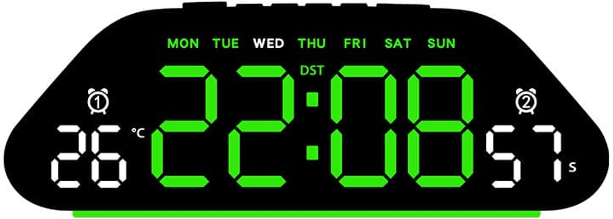 Digitale LED-wekker met spraakbediening, datum- en dagweergave, helderheidsregeling en 12/24-uurs alarmfunctie.