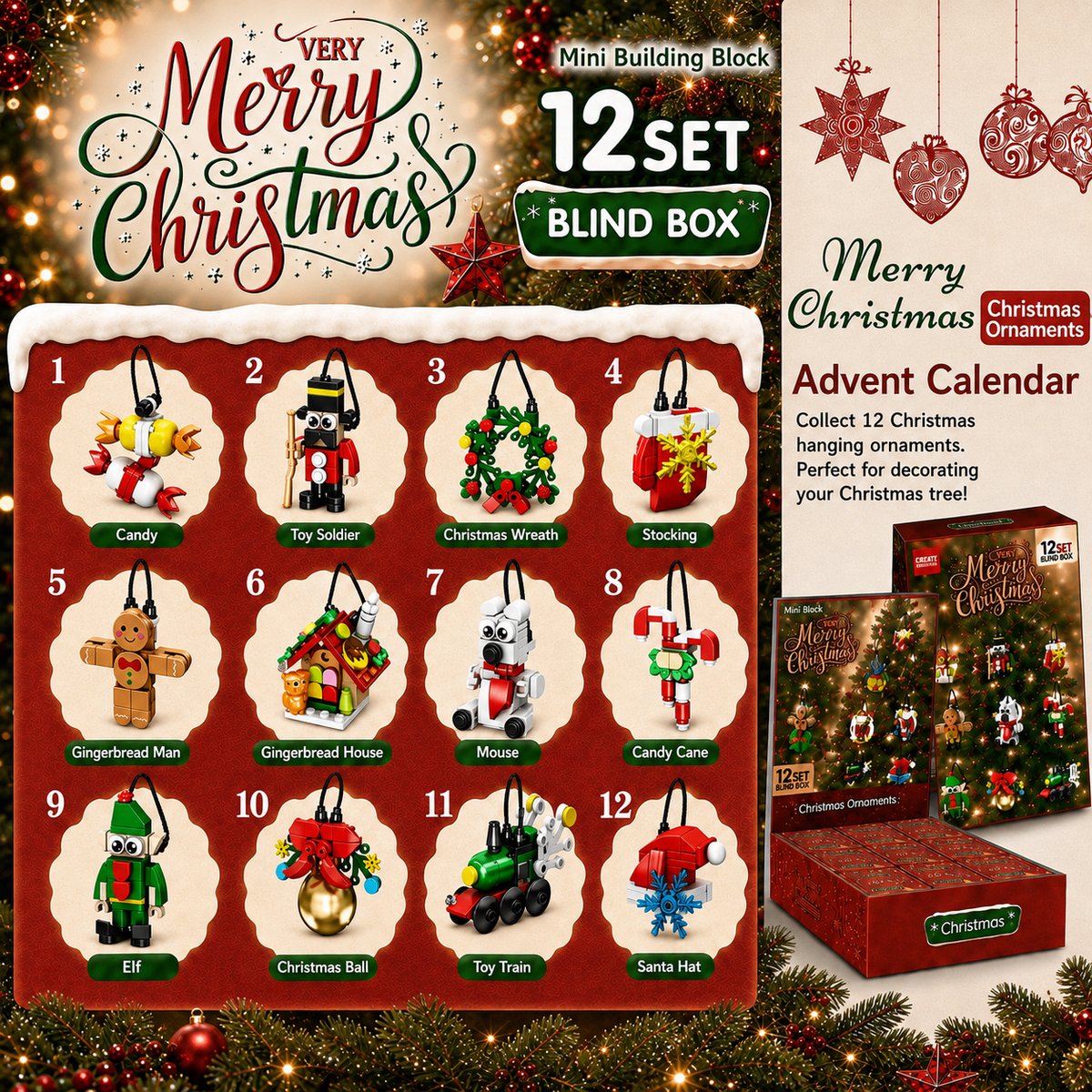 Kerst Adventskalender Mini Bouwstenen Sleutelhangers – 12 Verrassingen - Kerstversiering - Kerst - Decoratie - Cadeautjes - kerstboomversiering - kerstversiering set kerstboom