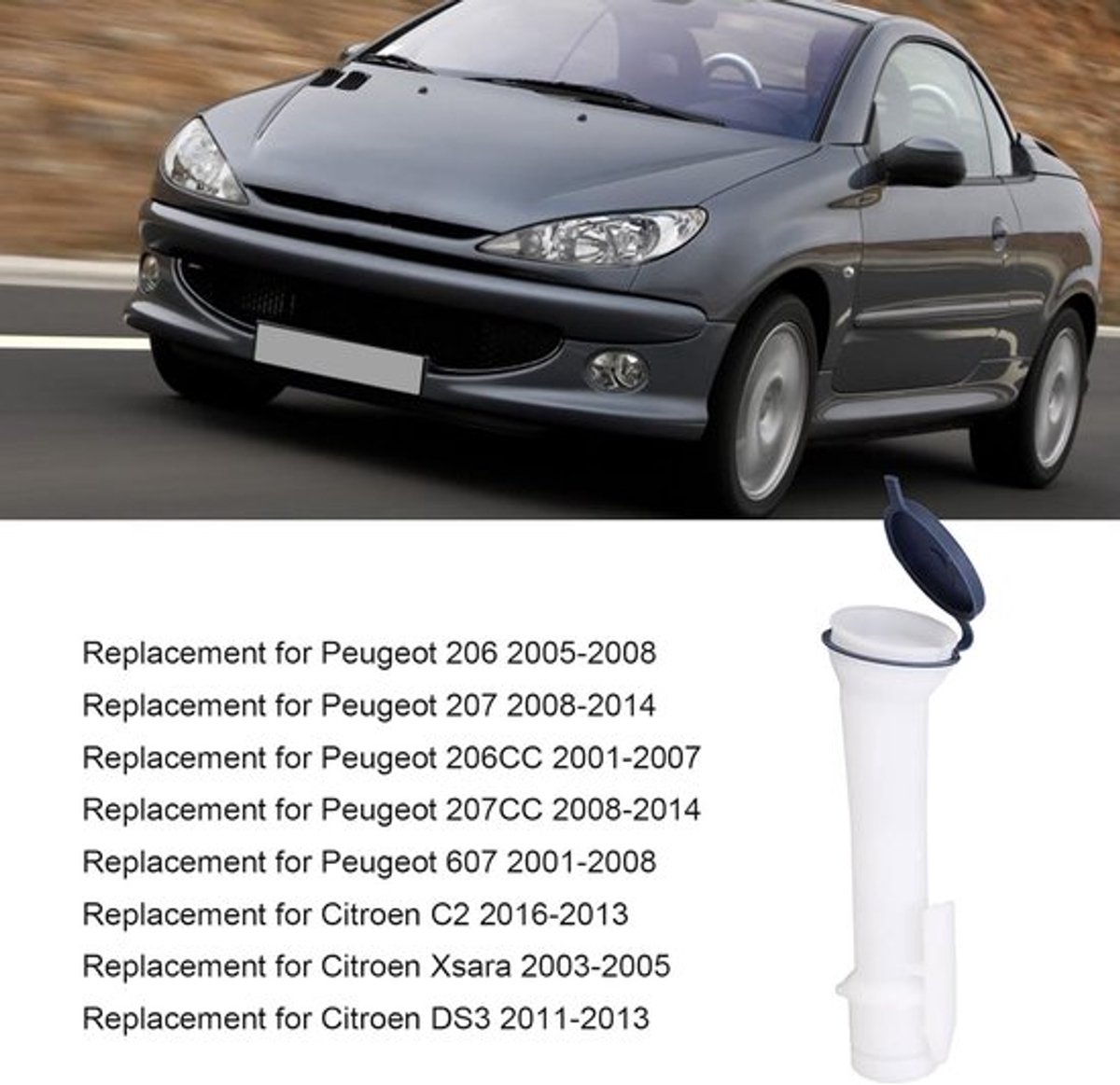 Vulbuis voor ruitensproeiervloeistof, Tankbuis voor ruitensproeiervloeistof, OEM 643983 643230, Kunststofmateriaal 206, 2005-2008, 207, 2008-2014, 206CC 2001-2007