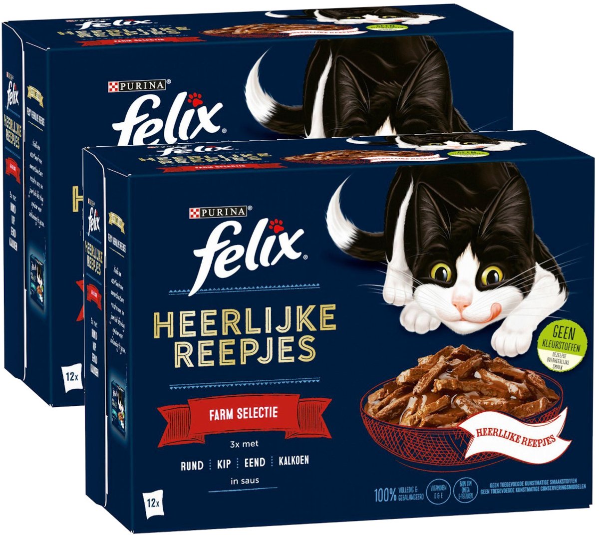 Felix Felix Heerlijke Reepjes Farm Selectie - Rund Kip Eend Kalkoen - Multipack - Katten Natvoer - 1920g (2x12x80g)