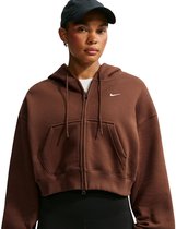 Bruin Nike sportvest met capuchon, rits, kangoeroezak en witte Nike-logo.