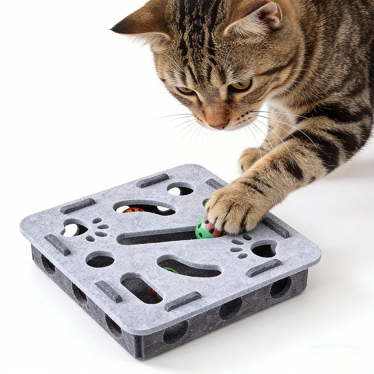 Casalora Katten Speelgoed Puzzeldoos – Vilten Speelgoed met 3 Belletjesballen – Educatief Interactief Oefenspeelgoed voor Binnenkatten – Grijs