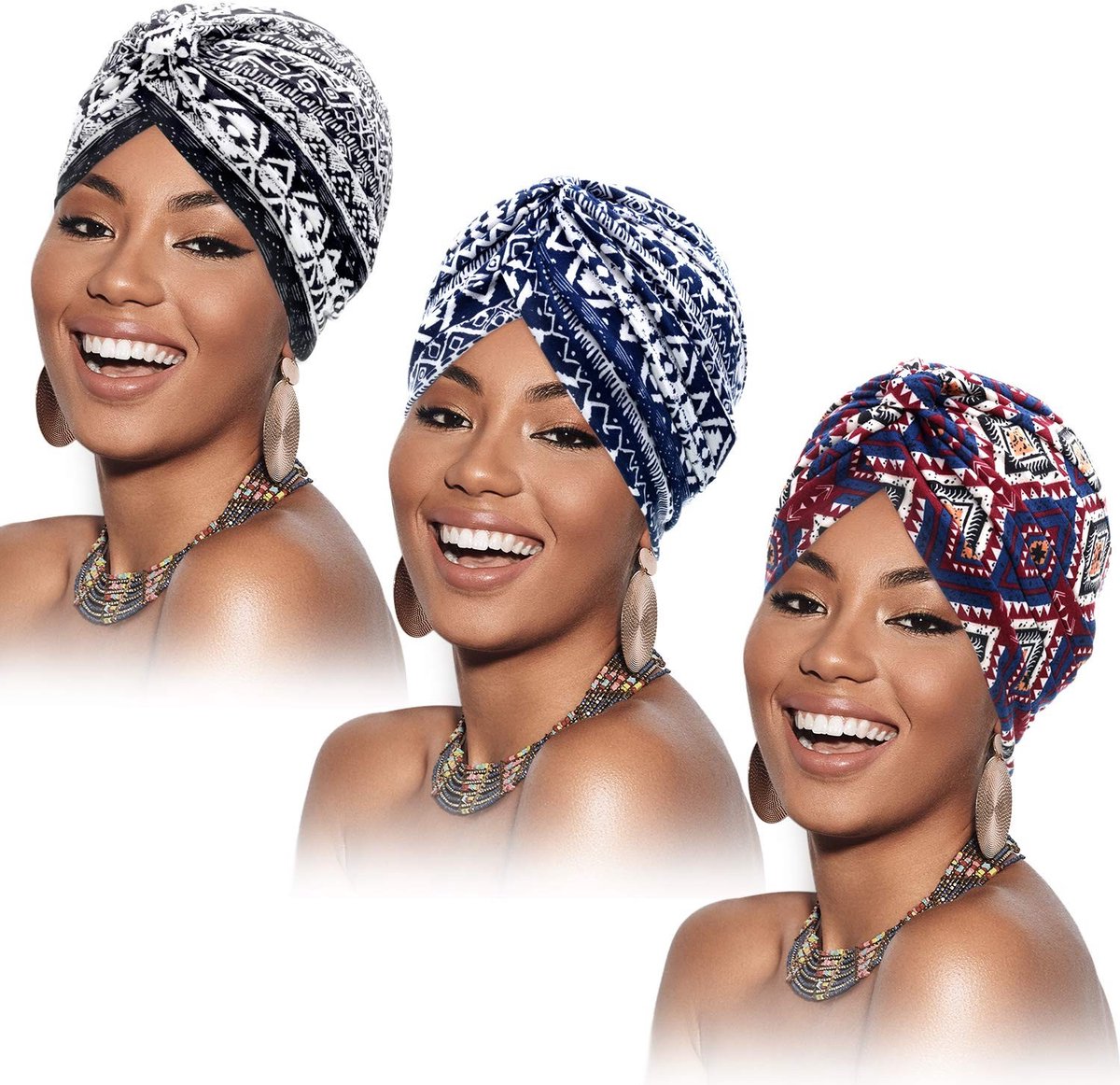 Solidchoice - Set van 3 Dames Turbans van Zachte Katoen met Geplooid Patroon
