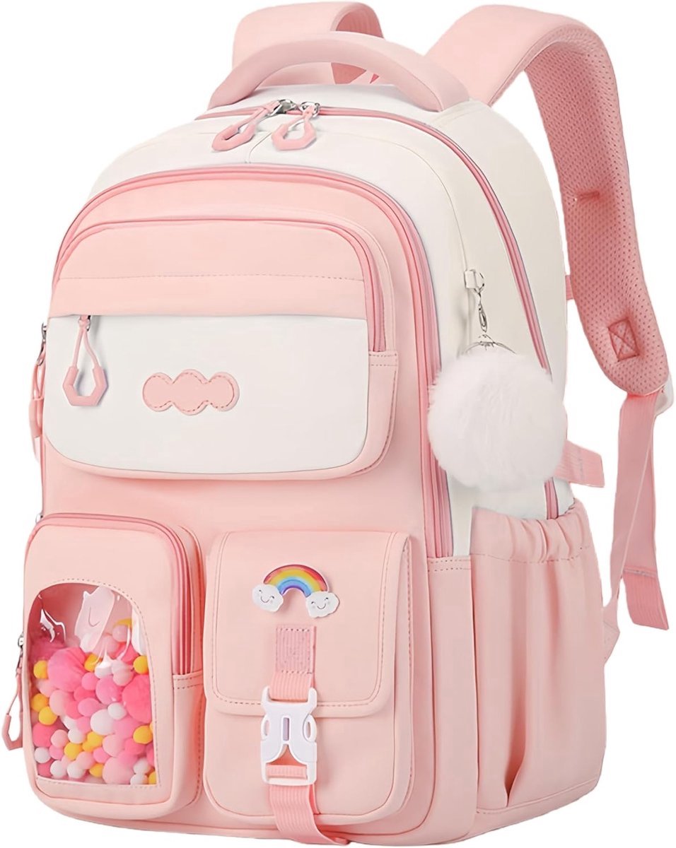 Schattig Meisjes Rugzak - Kawaii Kinderrugzak - Lichtgewicht Ergonomische Grote Capaciteit Schooltas met Pluizige Hanger - Dagrugzak voor Meisjes Reizen en Dagelijks Gebruik