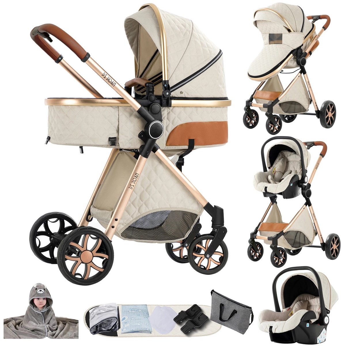 Kinderwagen - Buggy - 3 in 1 - Wandelwagen - Luxe Kinderwagen - Autostoeltje - Reiswieg - Met Opbergmand - Met Tas - Beige - Goud