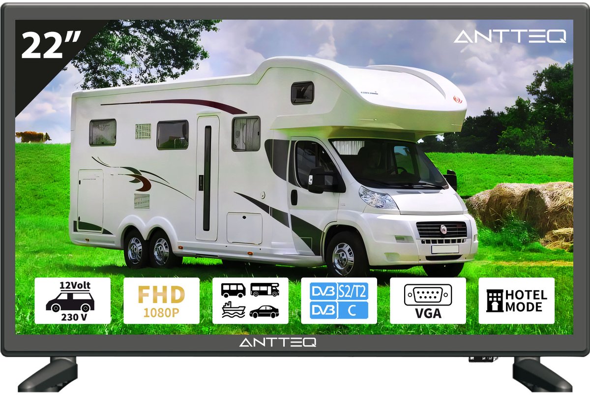 ANTTEQ AE22F5C-T21 - 22 Inch Full HD TV - 12V / 230V Camping TV - non-smart - DVB-T2/S2/C - HDMI, Scart & USB