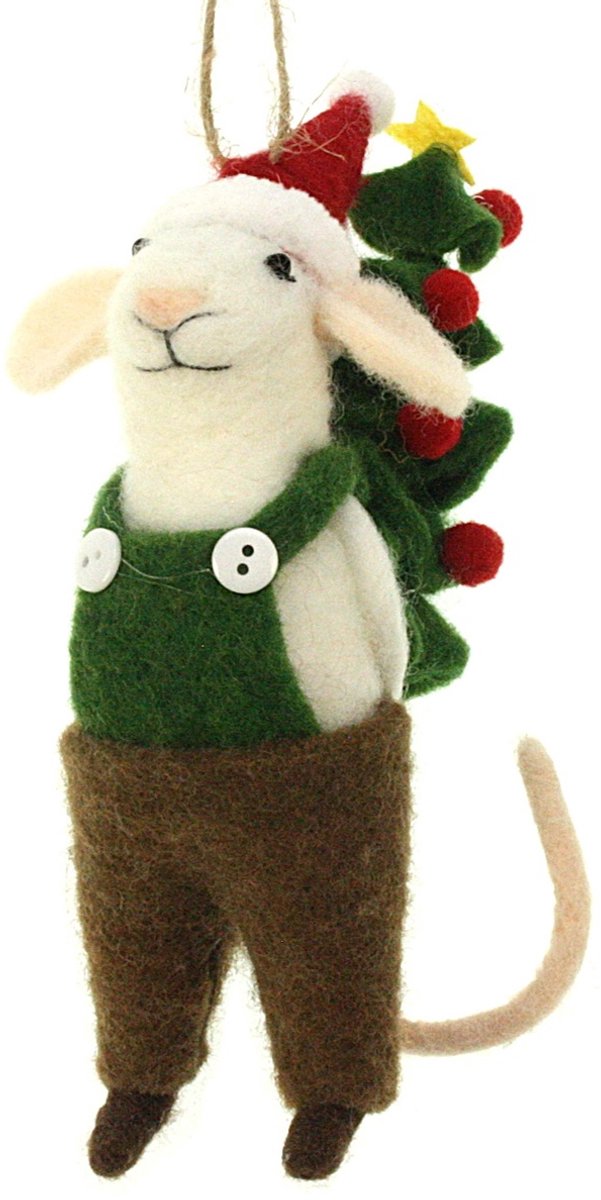 Muis met kerstboom op rug hangend vilt 4x7,5x14cm