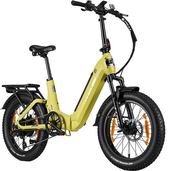 20*3.0" Elektrische vouwfietsen- 48V 15Ah (720Wh) Lithium Accu - Actieradius tot 120 km - Softtail-vering - Hydraulische Schijfremmen –Geveerde voorvork met lockout​ –Krachtsensor– 70Nm– Shimano 7 Versnellingen– Elektrische Stadsfiets– Geel — afbeelding 2