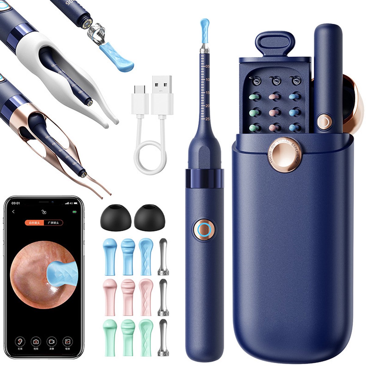 Oorsmeer Verwijder Tool met Camera - Zichtbare Oorreiniger met Pincet - Flexibele Otoscoop met Licht - Draagbaar Reinigingsset voor Volwassenen & Kinderen - Blauw - 1 Set