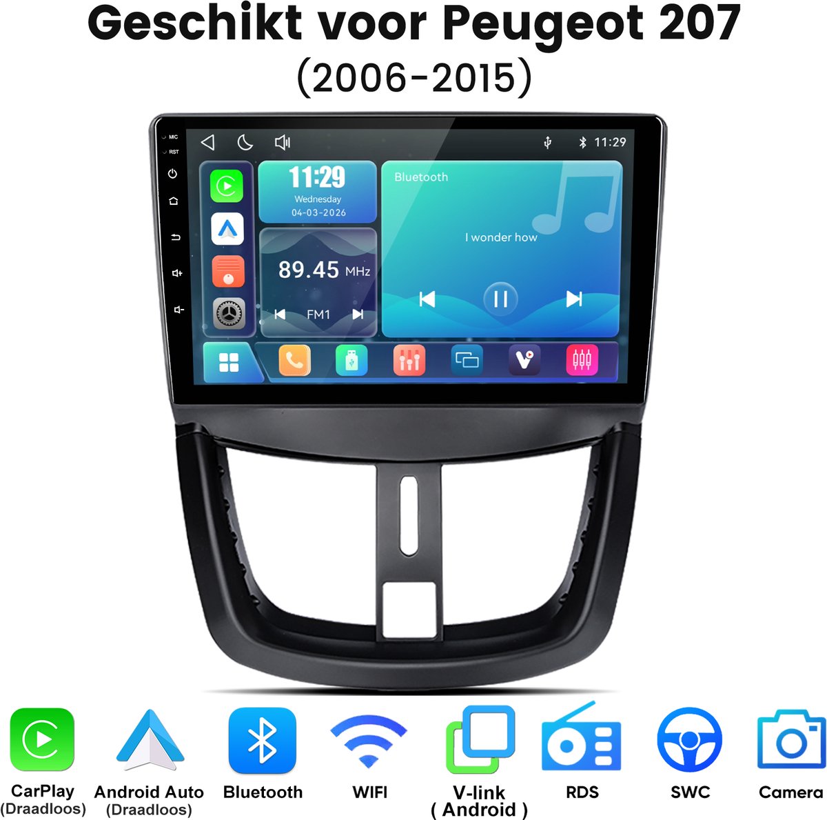 Junsun lINUX Draadloos Carplay & Andriod Auto Autoradio Geschikt voor Peugeot 207 2006-2015 - 9 Inch HD TouchScreen - Bluetooth - GPS navigatie- WiFi - FM - RDS- Airplay