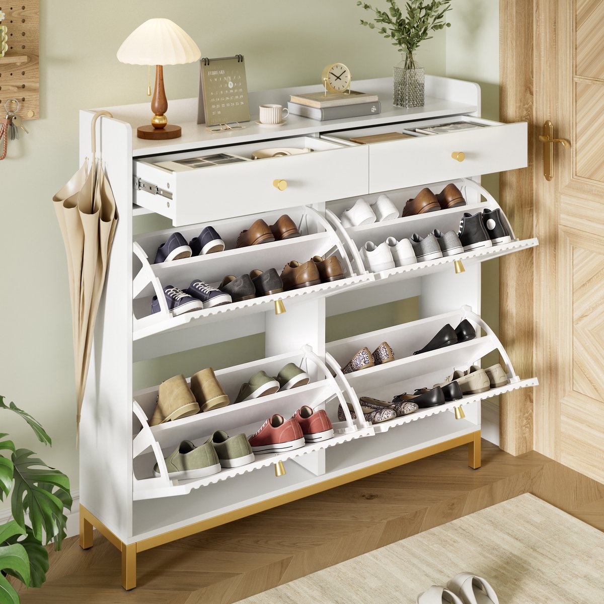 MIVRAY Schoenenkast - Smalle Schoenkipper Met 4 Klapdeuren En 2 Lades - Voor Hal En Slaapkamer - Spaanplaat - Wit - 106,5 X 25 X 107 Cm