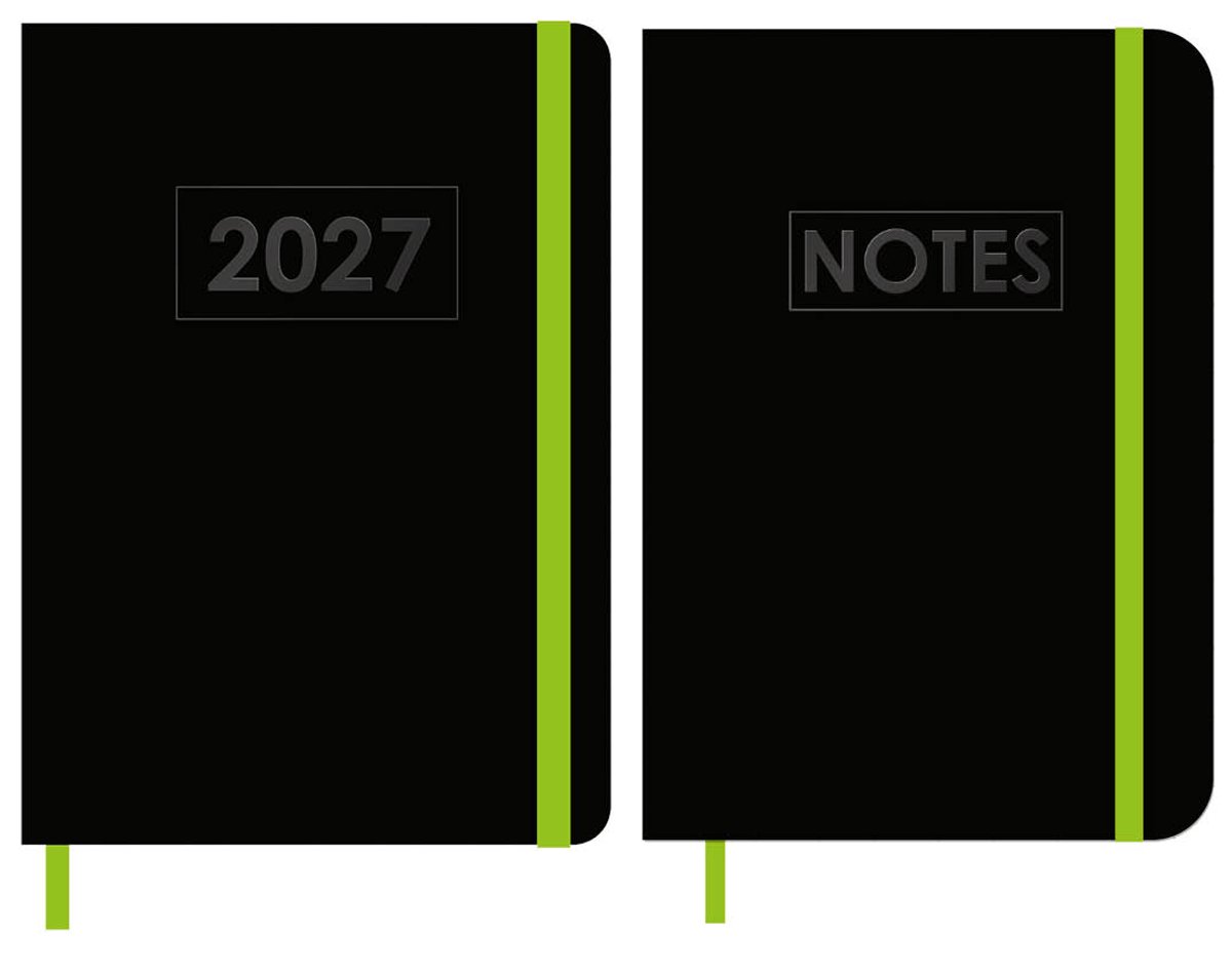 MGPcards - A5 Agenda 2027 - Weekoverzicht 1w/2p - Zwart + Groen elastiek - 14,8 x 21 cm + Notitieboekje/opschrijfboekje - gelinieerd - 80 pagina's - A5 - Zwart-Groen