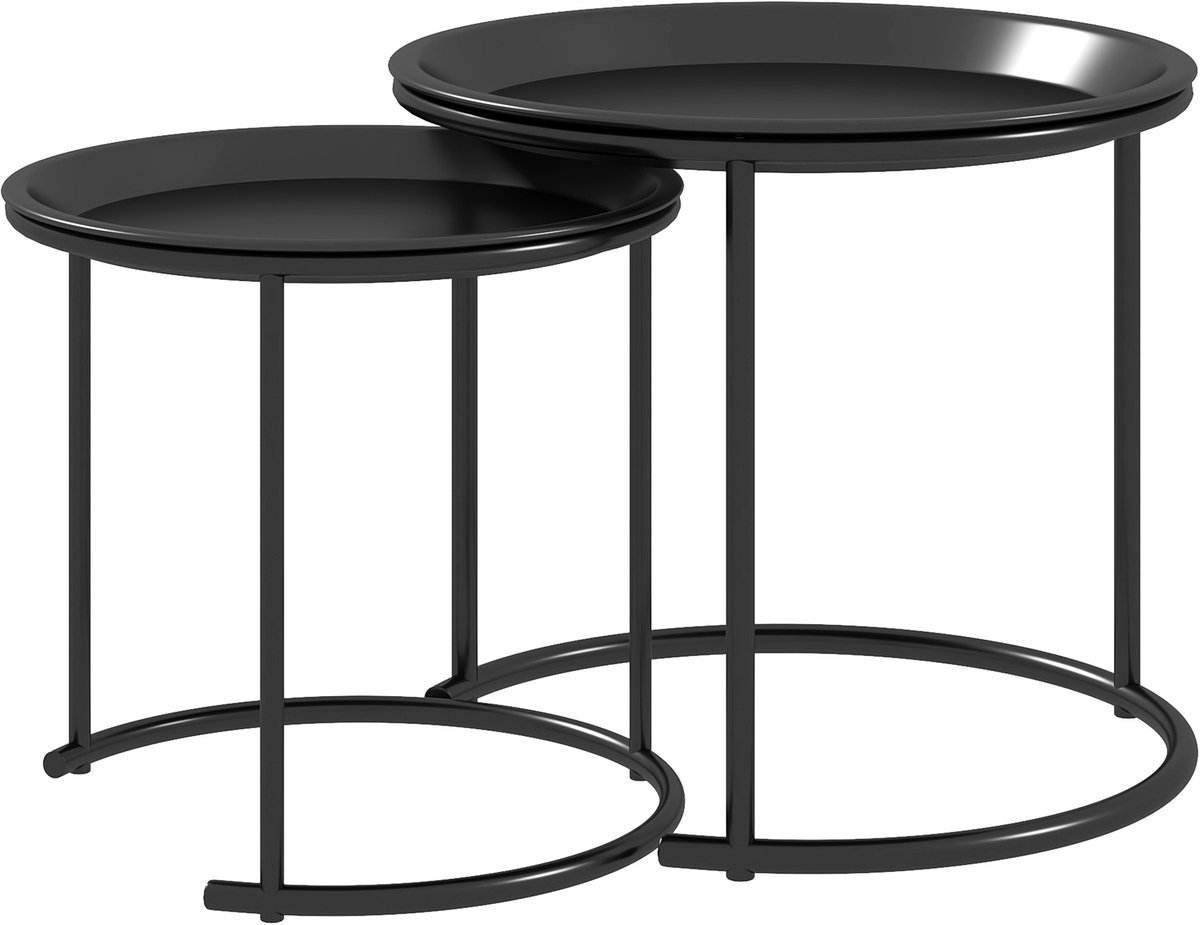 2-delige set ronde salontafels – uitschuifbaar – stalen frame – afneembare bladen – diameter 43 cm × 35 cm – zwart