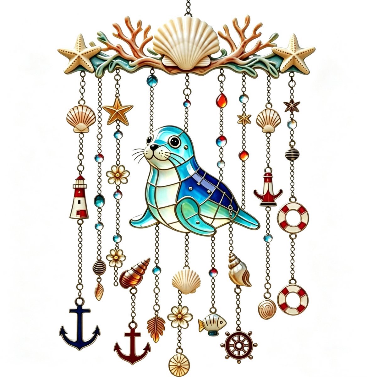Casalora® Zeehond Windgong met Kristallen – Oceaan-Thema Tuindecoratie – Windgong voor Buiten – Hangdecoratie voor Tuin, Terras, Balkon, Veranda, Raam en Woonkamer