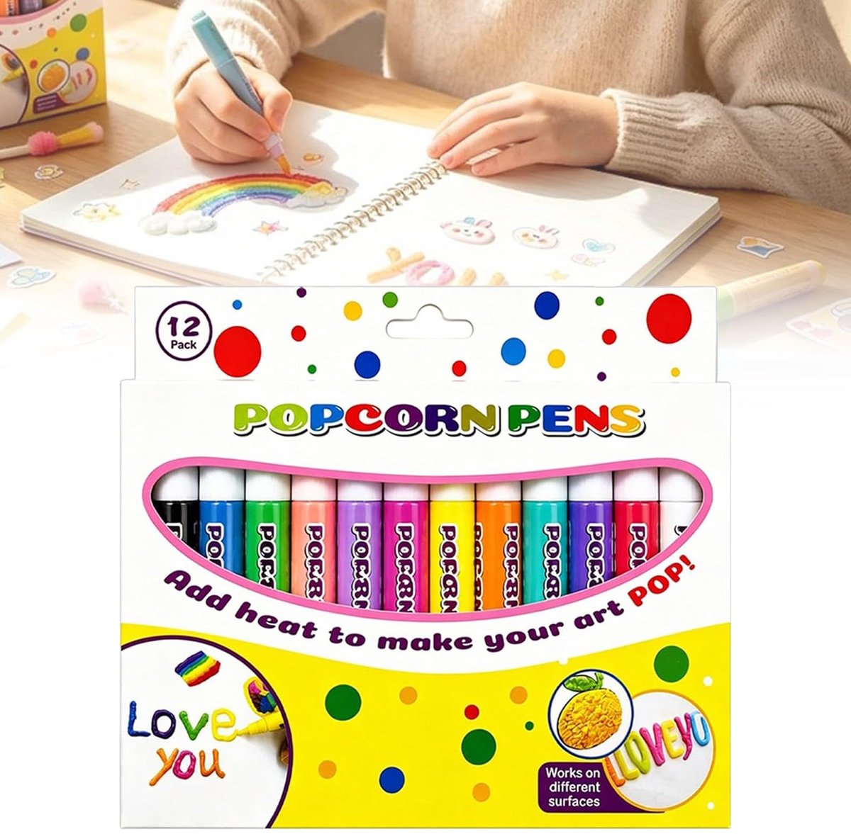Namajunas - Popcornpennen 12-kleurenset - 3D-reliëfstift - 3D-stiften voor wenskaarten, scrapbooking, DIY-schilderen - Magische Puffy Stiften - Cadeau voor jongens en meisjes vanaf 5 jaar - 3d pennen tekenset