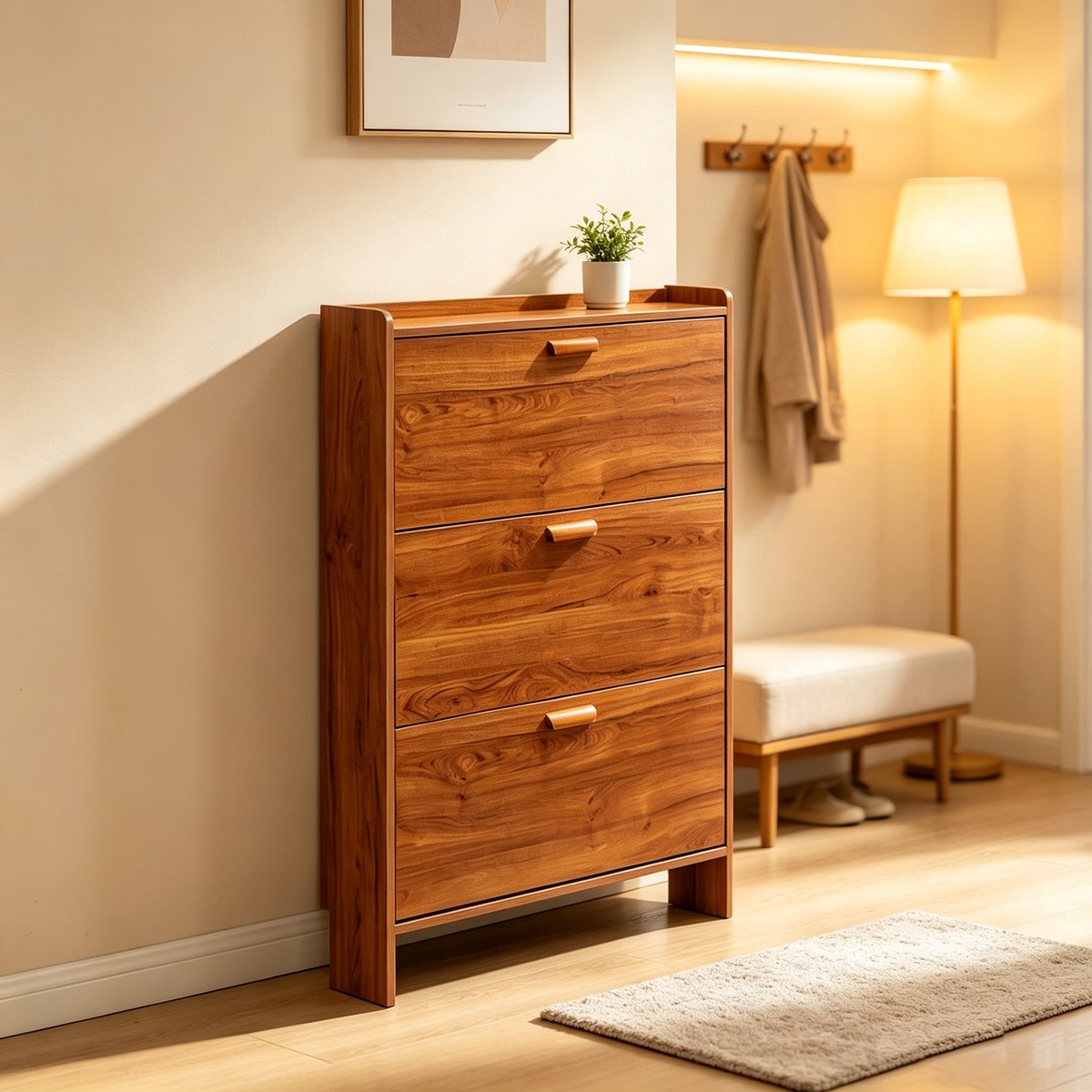 Deze ultradunne walnootkleurige opklapbare schoenenkast heeft drie opklapbare deuren en planken Dankzij het smalle ontwerp is hij geschikt voor gangen kleine appartementen en woningen Afmetingen 50*24*115 cm