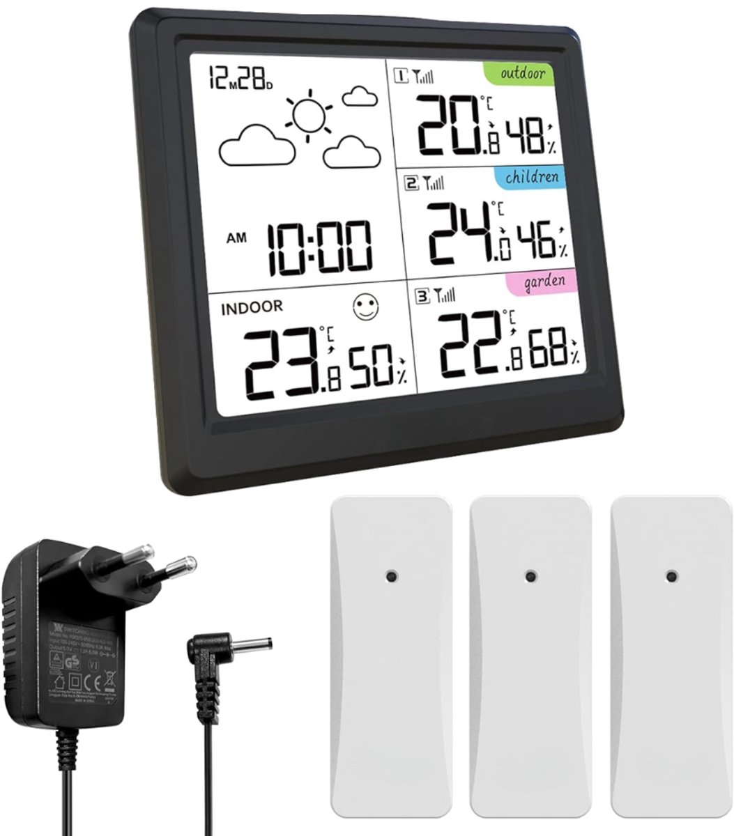 ZRNS® Weerstation Binnen en Buiten - Met Buitensensor - Weermeter Draadloos - 3 Buitensensoren
