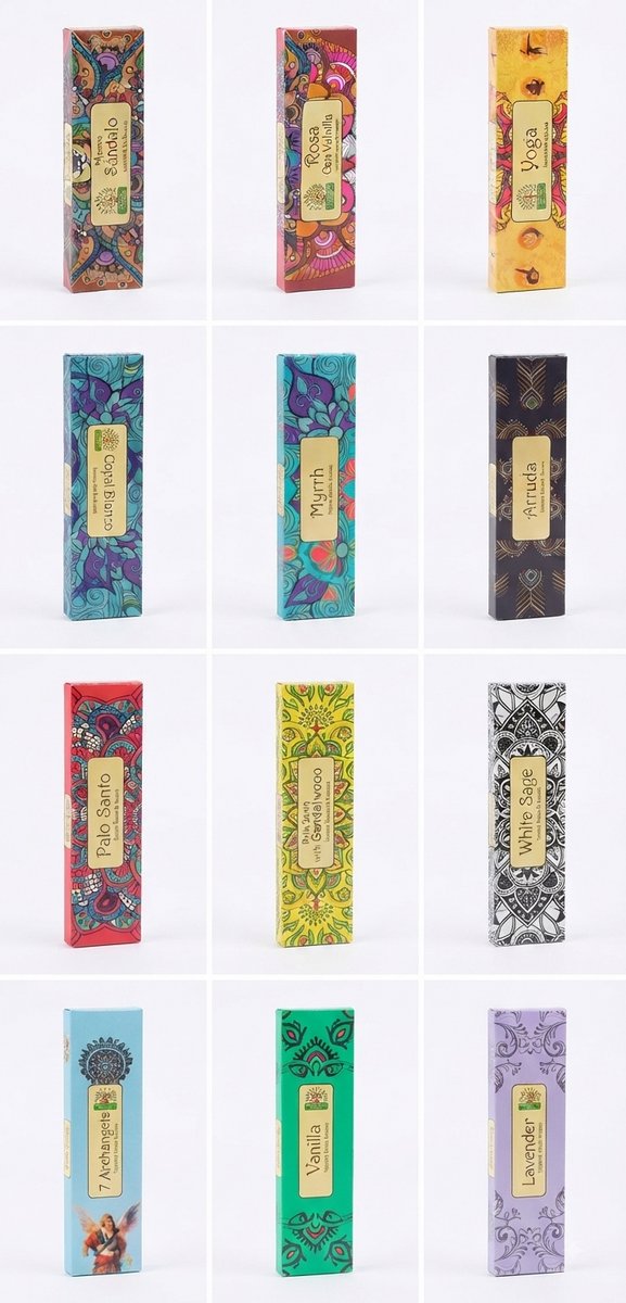 Namaste India Wierookstokjes, Pak van 12, Totaal 240 Stuks, Aromatische Ontspanning, Meditatie en Yoga Geur, Handgemaakt in India (12 Verschillende Geuren) Met Kajal Sticker