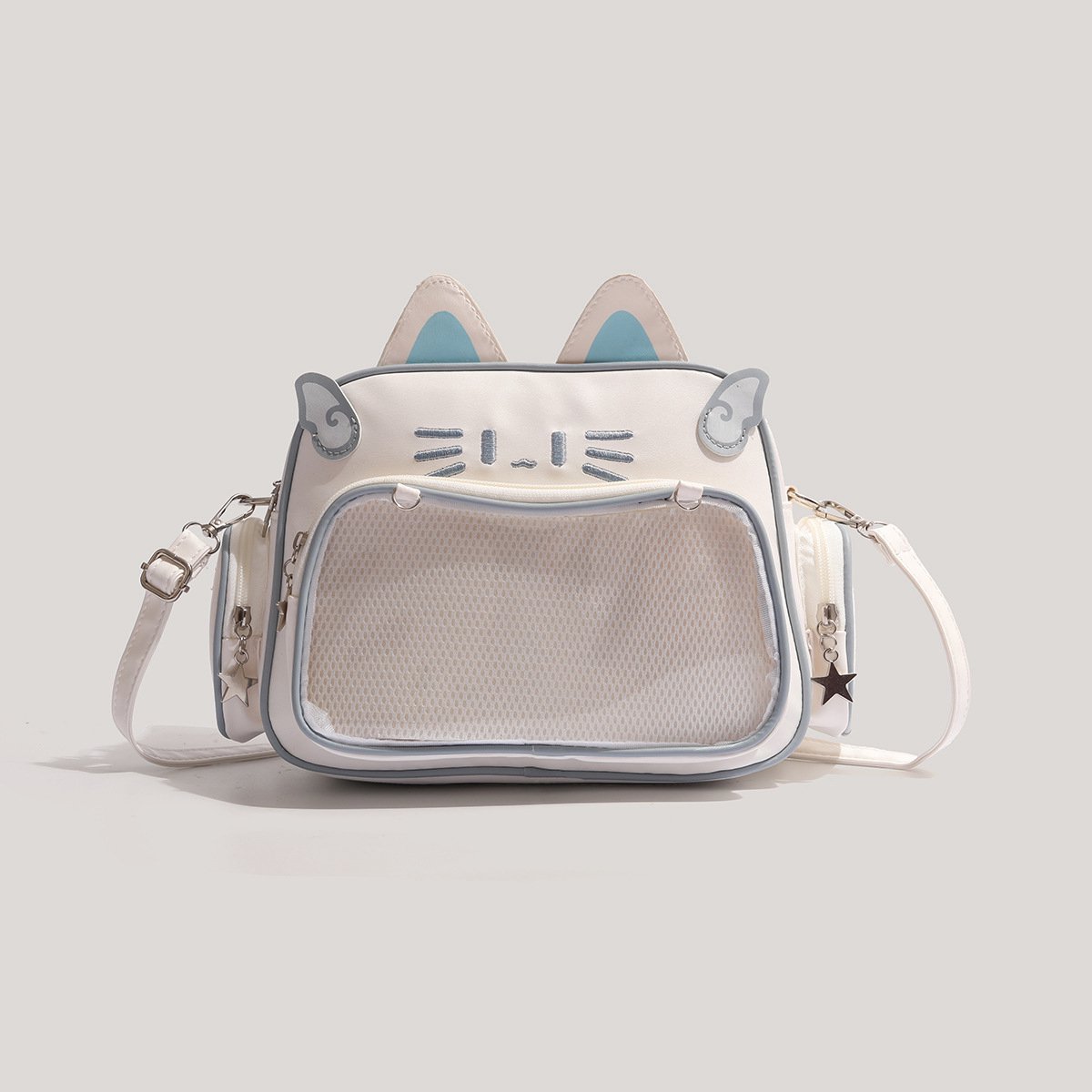 Ita Bag Rugzak – Kawaii Rugzak met Transparant Displayvak – PU Schoudertas & Handtas – Voor Pins, Sleutelhangers & Anime Accessoires – Kattenoortjes – 28 x 12 x 20 cm – Wit