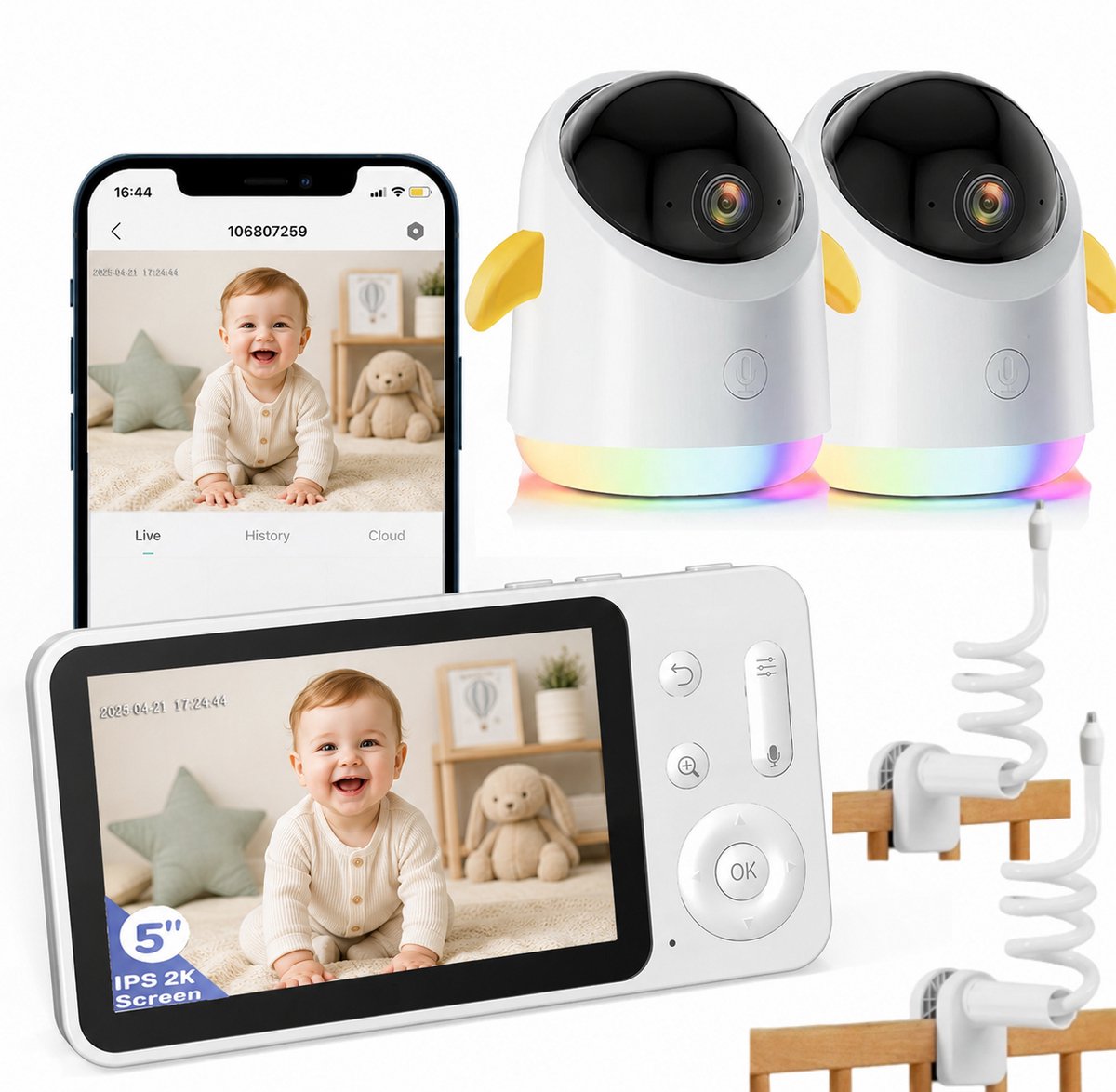 Babyfoon met 2 Camera's en App - 2K/3MP - 360° Beeld - 5" WiFi Video Babyfoon - RGB-Nachtzicht - Huil-, Bewegings-en Geluidsdetectie - 4x Zoom - 2*Houders