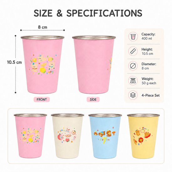 RVS Kinderbekers 4-delige Set - Onbreekbare Drinkbekers van Roestvrij Staal van400 ml - Kindervriendelijke RVS Beker met Vrolijke Print & Antislipbodem - Duurzame Bekers voor Jongens en Meisjes - School & Thuis van rvs — afbeelding 4