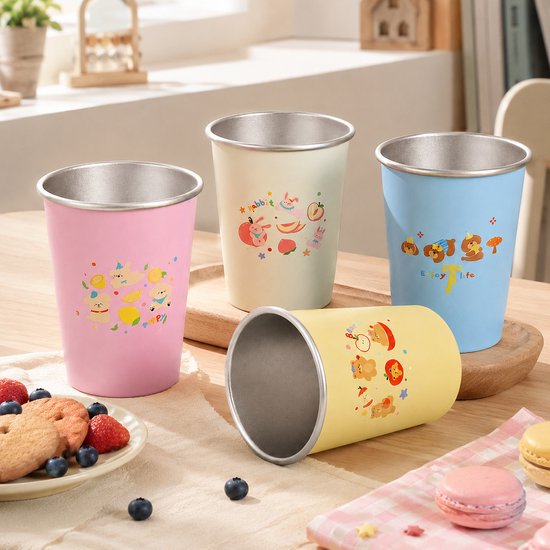 RVS Kinderbekers 4-delige Set - Onbreekbare Drinkbekers van Roestvrij Staal van400 ml - Kindervriendelijke RVS Beker met Vrolijke Print & Antislipbodem - Duurzame Bekers voor Jongens en Meisjes - School & Thuis van rvs — afbeelding 5