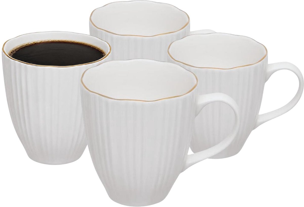 Secret de Gourmet koffie kopjes - Soho - 4x stuks - wit/goud - 360 ml - mokken - porselein - met stijlvol decoratie motief