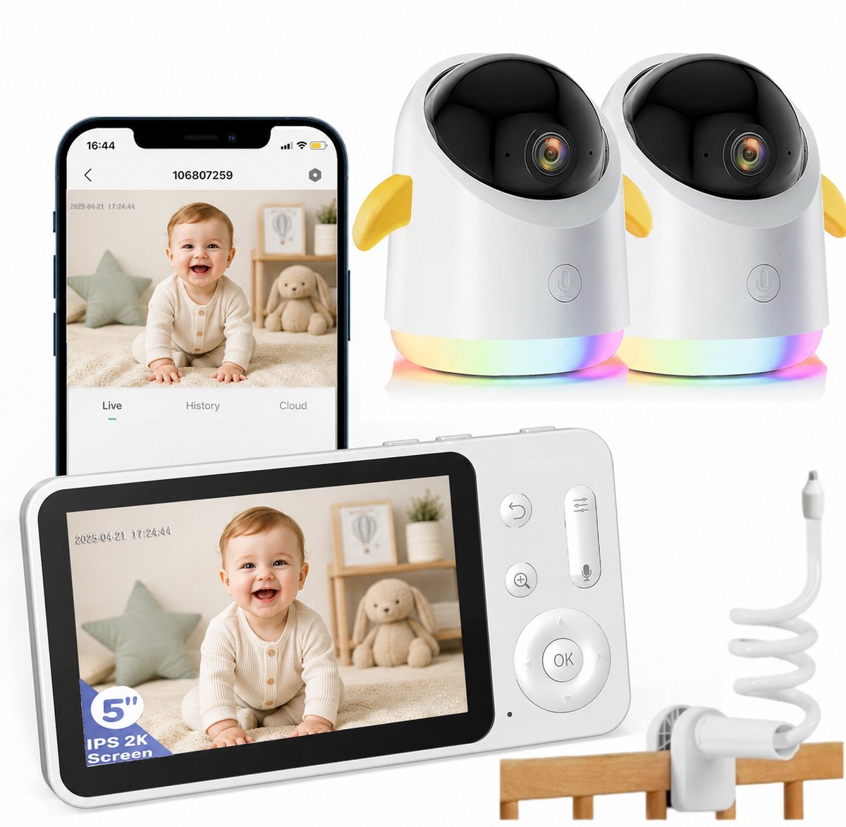 Babyfoon met 2 Camera's en App - 2K/3MP - 360° Beeld - 5" WiFi Video Babyfoon - RGB-Nachtzicht - Huil-, Bewegings-en Geluidsdetectie - 4x Zoom - Houder