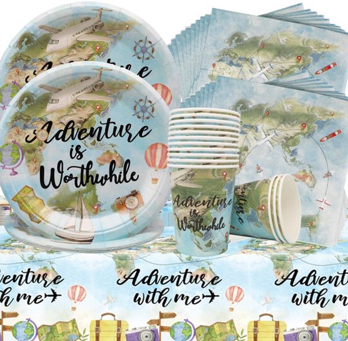 Decoratieset 53 Stuks - Eetborden/Kopjes - Tafelkleden/Servetten - Feest Servies - Thema/Reizen - Voor Kinderverjaardagen - Feestservies