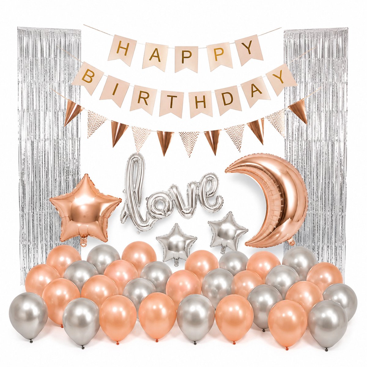 Gloovon® Verjaardag Versiering - Met Fotowand Achtergrond - Geschikt voor Verjaardag & Feest - Roségoud & Zilver - Complete Set